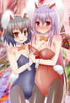  animal_ears bare_shoulders black_hair blush bowtie breasts brown_eyes bunny_ears bunny_girl bunny_tail bunnygirl bunnysuit choker cleavage embarrassed flat_chest hand_holding holding_hands inaba_tewi large_breasts long_hair megawatt multiple_girls open_mouth pantyhose purple_hair red_eyes reisen_udongein_inaba small_breasts smile tail tears touhou very_long_hair wrist_cuffs yuri 
