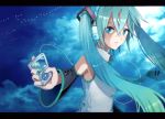  aqua_eyes aqua_hair bad_id bird cloud clouds detached_sleeves digital_media_player hatsune_miku headphones headset ipod k-xaby letterboxed long_hair nail_polish necktie sky solo twintails vocaloid 