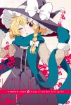 1girl :o alternate_costume blonde_hair bow braid brown_eyes chikage_(kinokodou) hair_bow hand_on_hat hat kirisame_marisa looking_at_viewer mittens perfect_cherry_blossom scarf solo touhou wink winter_clothes witch_hat