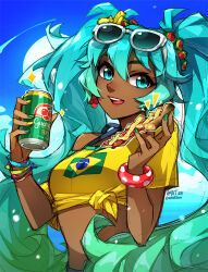  1girl aqua_hair bikini bikini_under_clothes blue_eyes blue_hair blue_sky brazilian_flag brazilian_flag_print brazilian_miku can clouds commentary dark-skinned_female dark_skin drink drink_can english_commentary eyewear_on_head fingernails flag_print food gradient_hair green_nails guarana_antarctica hair_between_eyes hatsune_miku holding holding_can holding_food long_hair looking_at_viewer midriff multicolored_hair multicolored_nails open_mouth shirt sky smile soda_can solo sunglasses swimsuit twitter_username two-tone_hair very_long_hair vmat vocaloid yellow_nails yellow_shirt 