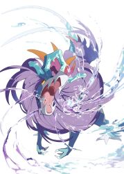 animal character_request claws fangs full_body hair highres kura_(shironagasu02) long_hair mane no_humans open_mouth pokemon pokemon_(creature) purple_hair roaring sharp_teeth simple_background teeth walking_wake water white_background yellow_eyes