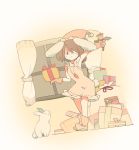  animal_ears bell boots brown_hair bunny bunny_ears carrot climacool06 curtains gift gloves hat inaba_tewi jewelry pendant santa_hat solo touhou window wink 