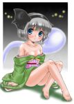  1girl bad_id bare_legs bare_shoulders barefoot blue_eyes blush buzzsaw collarbone feet ghost grey_hair hairband highres japanese_clothes kimono konpaku_youmu konpaku_youmu_(ghost) legs myon obi off_shoulder short_hair silver_hair sitting solo toes touhou 