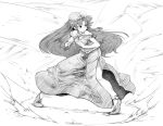  1girl beret braid chinese_clothes fighting_stance harusame_(unmei_no_ikasumi) hat hong_meiling long_hair monochrome pants side_slit solo star touhou twin_braids 
