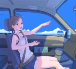  bottle car car_interior character_request cloud clouds copyright_request face flash_tomo hands motor_vehicle right-hand_drive scenery shorts solo vehicle water_bottle 