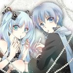  blue_eyes blue_hair fork hatsune_miku kaito mouth_hold nail_polish scarf squatting tenkei twintails vocaloid 