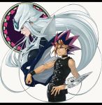  bracelet character_request choker hand_on_own_chest hand_to_chest helmet jewelry lazward letterboxed long_hair male mutou_yuugi outstretched_arm profile silent_magician silver_hair sleeveless yami_yuugi yu-gi-oh! yuu-gi-ou yuu-gi-ou_duel_monsters 