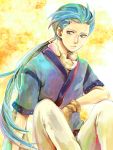  blue_eyes blue_hair chester_barklight gloves long_hair male ponytail sitting solo tales_of_(series) tales_of_phantasia yellow_background yoi_(yutd) 