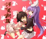  animal_ears blazer bloomers brown_hair bunny_ears bunny_tail carrot highres inaba_tewi long_hair multiple_girls purple_hair red_eyes reisen_udongein_inaba shomon short_hair tail touhou 