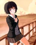  amagami bad_id black_eyes bob_cut bridge cardigan dusk hand_on_own_chest hand_to_chest head_tilt highres nanasaki_ai railing school_uniform short_hair skirt sweater_vest 