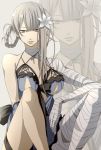  bandage bandages bow braid breasts cleavage elbow_gloves flower frills gloves grey_eyes hair_ornament kaine_(nier) large_breasts legs lingerie negligee nier ribbon short_hair silver_eyes silver_hair sitting solo thigh_strap thighs underwear yashano_akira 
