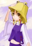  blonde_hair braid bust frog hat midriff moriya_suwako nakanun navel short_hair solo touhou twin_braids yellow_eyes 