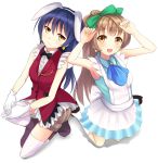  2girls alice_(wonderland)_(cosplay) alice_in_wonderland animal_ears armpits blue_hair bow brown_hair dress earrings fake_animal_ears hair_bow jewelry kirimoti34 kneeling love_live!_school_idol_project minami_kotori multiple_girls rabbit_ears sonoda_umi tagme thigh-highs white_legwear yellow_eyes 