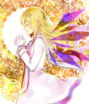  blonde_hair closed_eyes colette_brunel eyes_closed gloves hands_clasped long_hair praying solo tales_of_(series) tales_of_symphonia wings yellow_background yoi_(yutd) 