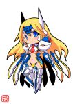  blade blazblue blonde_hair blue_eyes blush center_opening chibi crotch_plate forehead_protector green_eyes long_hair maebari mecha_musume mu-12 navel oborogumo_takamitsu pauldrons robot_ears solo 