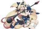  alternate_color bad_id bell blazblue blonde_hair bridget bridget_(guilty_gear) cosplay cow_bell gloves guilty_gear hair_ribbon hairband kz-kura long_hair low-tied_long_hair magical_girl open_mouth parody platinum_the_trinity quad_tails ribbon skirt staff symbol-shaped_pupils trap twintails two_side_up wink 