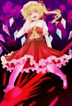  blonde_hair crystal flandre_scarlet hat highres laevatein open_mouth pink_eyes red_eyes short_hair side_ponytail smile solo stain touhou wings yuha_(yh-krm) 
