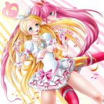  blue_eyes cure_melody cure_rhythm dutch_angle g-clef_(suite_precure) highres houjou_hibiki long_hair magical_girl miharin minamino_kanade musical_note pink_hair precure suite_precure thigh-highs thighhighs twintails 