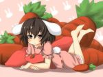  :&lt; animal_ears barefoot black_hair blush brown_eyes brown_hair bunny_ears bunny_tail carrot inaba_tewi jewelry lying necklace on_stomach pendant pillow purple_eyes short_hair solo tail touhou ukami violet_eyes 