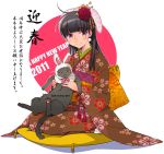  akeome animal_ears bunny_ears cat copyright_request japanese_clothes kerorin kimono new_year seiza sitting solo 