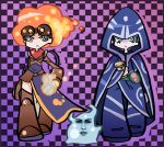  belt blue_eyes boots cape chandra_nalaar checkered checkered_background fiery_hair fire flaming_hair frown goggles green_hair hood jace_beleren magic:_the_gathering magic_the_gathering orange_hair panty_&amp;_stocking_with_garterbelt parody sarikyou scroll style_parody thigh-highs thigh_boots thighhighs 