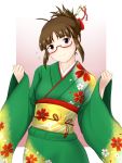  brown_eyes brown_hair glasses head_tilt highres idolmaster idolmaster_2 japanese_clothes kimono tetuo_kun 