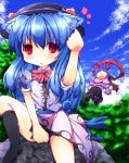  2girls animal_ears blood blue_hair cat_ears food fruit hat hinanawi_tenshi kemonomimi_mode long_hair multiple_girls nagae_iku niyadepa nosebleed peach red_eyes shawl touhou 