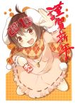  2011 :3 ahoge animal_ears ayase08 black_hair brown_eyes bunny_ears carrot dress fang inaba_tewi jewelry looking_up necklace new_year open_mouth pun2 scarf short_hair solo touhou 