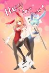  aile_(crossroads) animal_ears bad_id bowtie bunny_ears bunnysuit character_request high_heels highres multiple_girls necktie new_year original pantyhose placard shoes 