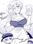  beer_mug breasts cleavage clothes_writing dirndl german_clothes hat ikeshita_moyuko kantai_collection large_breasts multiple_girls sailor_hat short_hair smile translation_request z1_leberecht_maass_(kantai_collection) z3_max_schultz_(kantai_collection) 