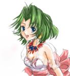  90s ahoge armpits battle_arena_toshinden blue_eyes bow earrings ellis_(battle_arena_toshinden) green_hair happy jewelry leotard necklace open_mouth ribbon see-through short_hair sketch solo white_background 