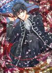  ascot black_hair blue_eyes cherry_blossoms cigarette floral_print flower gintama hijikata_toushirou japanese_clothes male mouth_hold open_clothes petals robe rope shizuki_(hakugyokurou) short_hair sitting smoking solo spiked_hair spiky_hair sword trench_coat trenchcoat water weapon 
