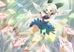  bad_id blue_eyes blue_hair bow cirno crystal danmaku dress dutch_angle forehead foreshortening green_eyes hair_bow highres ice kodamari open_mouth outstretched_arms outstretched_hand short_hair solo teeth touhou wings 