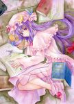  book bookmark bow capelet crescent crescent_moon frills graphite_(medium) hair_bow hat long_hair lying on_side pastel_(medium) patchouli_knowledge purple_eyes purple_hair solo touhou traditional_media very_long_hair violet_eyes watercolor_(medium) yukaxcat 