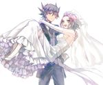  1girl bare_shoulders black_hair blonde_hair blue_eyes breasts bridal_veil bride brown_eyes carrying couple dress earrings elbow_gloves facial_mark flower formal fudou_yuusei gloves good_end hair_flower hair_ornament high_heels highres izayoi_aki jewelry multicolored_hair open_mouth popompon princess_carry red_hair redhead rose shoes short_hair sideboob simple_background slip_skirt smile tuxedo two-tone_hair veil wedding_dress white_gloves white_rose yu-gi-oh! yuu-gi-ou yuu-gi-ou_5d&#039;s yuu-gi-ou_5d's 