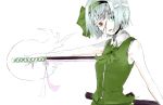  adapted_costume bandage bandages ghost green_eyes heterochromia kanata kanata_(kiduka) katana konpaku_youmu konpaku_youmu_(ghost) outstretched_arm red_eyes short_hair sleeveless solo sword touhou weapon 