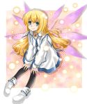  blonde_hair blue_eyes colette_brunel kawamura_raichi long_hair pantyhose solo tales_of_(series) tales_of_symphonia wings yellow_background 