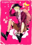  backpack bag blonde_hair cowboy_hat flower futaba_hazuki hair_over_one_eye hand_on_hat hat male one_piece one_piece:_strong_world petals pink_shirt randoseru red_shirt sanji shorts simple_background sitting solo strong_world 