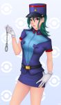  gloves green_hair hand_on_hip handcuffs hat highres hips junsaa_(pokemon) khalitzburg lips miniskirt pokemon pokemon_(anime) police skirt uniform 