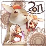  :p :q brown_hair bunny bunny_ears closed_eyes eyes_closed food fruit japanese_clothes kimono new_year nigo object_on_head orange original rabbit red_eyes tongue 