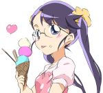  eating face food glasses heartcatch_precure! ice_cream precure purple_eyes purple_hair tongue tsukikage_yuri umanosuke violet_eyes 