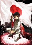  bad_id black_hair hetaraion japan_(hetalia) japanese_flag katana kneeling mouth_hold sheath sheathed solo sword weapon 