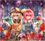  blue_rose flower hand_holding highres holding_hands komeiji_koishi komeiji_satori maho_moco multiple_girls petals red_rose rose siblings sisters third_eye touhou 