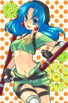  90s :d akr_et bad_id bare_shoulders battle_arena_toshinden belt blue_eyes blue_hair crop_top earrings gloves hat jewelry light_smile long_hair midriff navel off_shoulder open_fly open_mouth polka_dot polka_dot_background shorts smile solo star tonfa tracy_(battle_arena_toshinden) unzipped weapon 