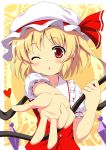  :o absurdres ascot blonde_hair blush child face fingers flandre_scarlet foreshortening hands happy hat heart highres ponytail red_eyes short_hair side_ponytail solo the_embodiment_of_scarlet_devil touhou wings wink yamasan 