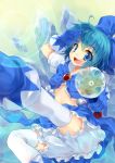 absurdres adapted_costume bloomers blue_eyes blue_hair bow cirno frog gloves hair_bow highres ice leg_warmers magical_girl redcomet salute short_hair solo thighhighs touhou wand white_legwear wings 