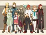  5boys anise_tatlin asch black_legwear blonde_hair blue_eyes boots brown_hair choker glasses gloves green_eyes green_hair grey_background guy_cecil hair_tubes hanosuke highres ion jade_curtiss long_hair luke_fon_fabre mieu multiple_boys multiple_girls natalia_luzu_kimlasca_lanvaldear odd_one_out pantyhose red_eyes red_hair redhead smile surcoat tabard tales_of_(series) tales_of_the_abyss tear_grants thigh_boots thighhighs twintails wink 
