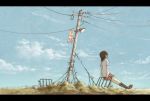  blue_sky cable cloud clouds cola_(gotouryouta) from_behind grass ground lamp lamppost letterboxed original outstretched_leg power_lines scenery school_uniform short_hair sitting sky solo 