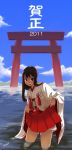  copyright_request japanese_clothes miko skirt skirt_lift solo torii wading yoshiki_ryouma 