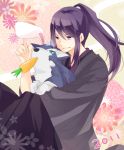  2011 alternate_costume alternate_hairstyle animal_ears black_eyes black_hair bunny_ears carrot honeycomb_background japanese_clothes kimono long_hair male ponytail repede shuri_(9818) tales_of_(series) tales_of_vesperia yuri_lowell 